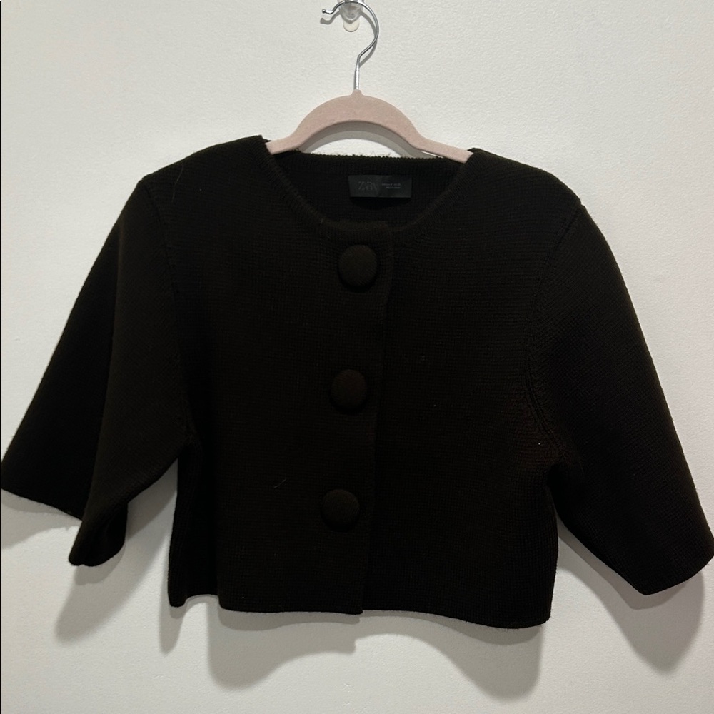 Zara Black Cropped Button Knit Blazer